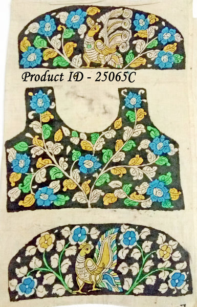 Pen Kalamkari Blouse material Hand Painted Peacock (Grey)(25065C) (back/sleeves) - Swadeshi Boutique