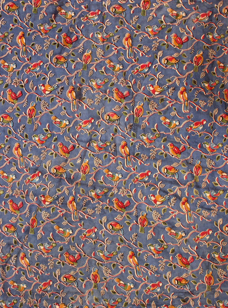 Kalamkari Crepe silk Blouse material with Beautiful parrots - Blue (25107B) - Blouse Swadeshi Boutique