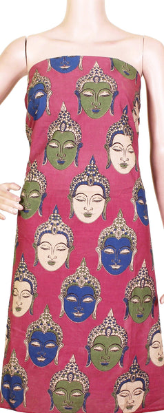 Kalamkari Cotton Salwar Tops/Kurti material with Bhudha faces - Pink (26118A) - Tops Swadeshi Boutique