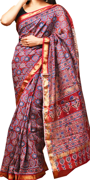 41530A - Maheswari Silk Saree with hand block pattern and Zari Border