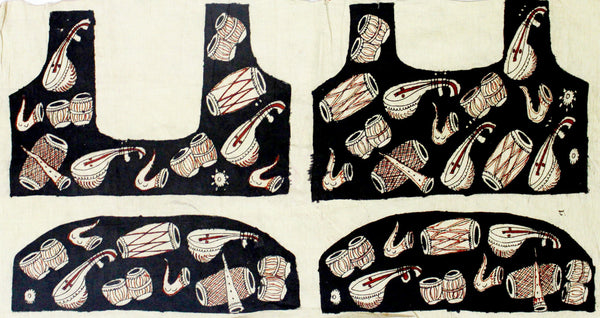 Pen Kalamkari Blouse material Hand Painted Music Instruments (Black)(45002B) (front/back/sleeves) - Swadeshi Boutique