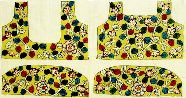 Pen Kalamkari Blouse material Hand Painted Florals cotton (Yellow)(45003A) (front/back/sleeves) - Blouse Swadeshi Boutique