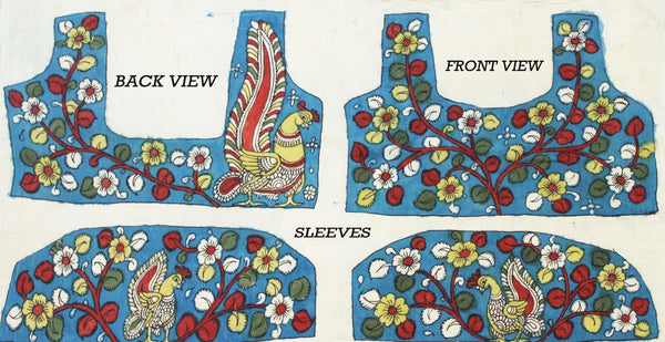 Pen Kalamkari Blouse material hand painted Florals and Peacock (Blue)(45043A) (front/back/sleeves) - Blouse Swadeshi Boutique