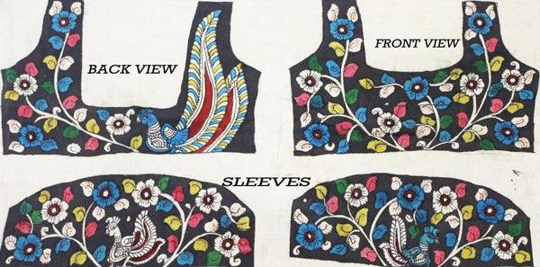 Pen Kalamkari Blouse material hand painted Florals and Peacock (Black)(45052A) (front/back/sleeves) - Swadeshi Boutique