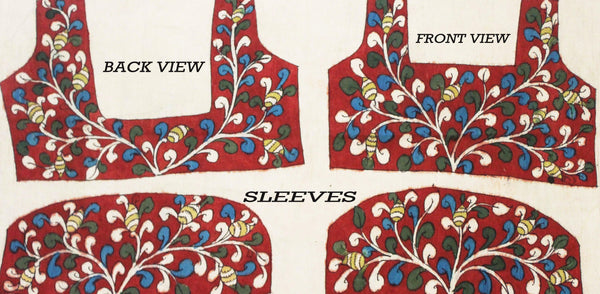 Pen Kalamkari Blouse material hand painted Florals and Peacock (Red)(45054A) (front/back/sleeves) - Swadeshi Boutique