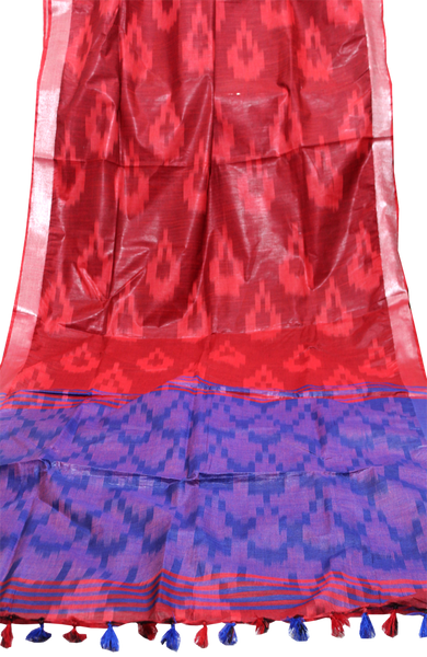 47108A - Cotton Linen Saree with all over Ikkat design and silver zari border (Maroon) - Sarees Swadeshi Boutique