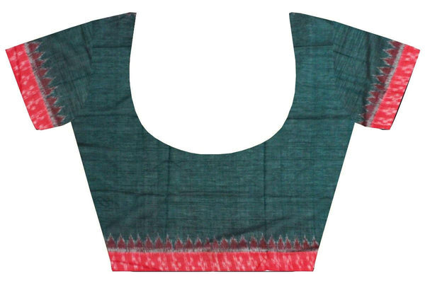 IKKAT Blouse material- Handloom Cotton with a popular Temple border - Dark Green & Red (55008A). *Sale 40% off* - Blouse Swadeshi Boutique