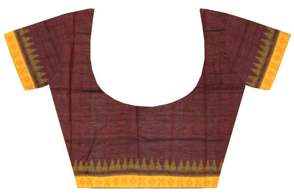Ikkat Blouse material - Cotton handloom with temple border- Maroon & Yellow (55013A) - Blouse Swadeshi Boutique