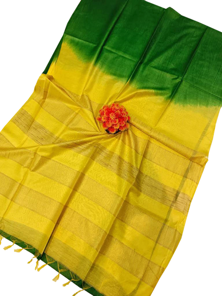 57007A - Tussar Silk Saree with elegant design in pallu (Pink & Yellow) - Sarees Swadeshi Boutique