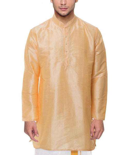 Traditional Raw Silk Kurta for men with beautiful embroidary (Sandal) - 91010A - Kurta Swadeshi Boutique