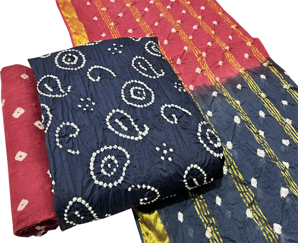 81036C - Bandhani cotton salwar materials (3 piece set) Blue & Maroon