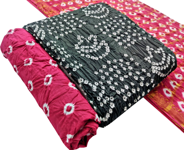 81041C - Bandhani cotton salwar materials (3 piece set) Grey & Dark Pink