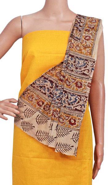 Kalamkari Cotton Salwar set material - 85007A (3 Piece - Plain Tops, Kalamkari Bottom, Dhuppatta) - Chudi Swadeshi Boutique
