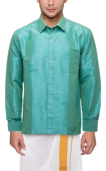 Traditional Raw Silk Shirt for men - full sleeve (Half White) - 90026A - Shirts & Tops Swadeshi Boutique