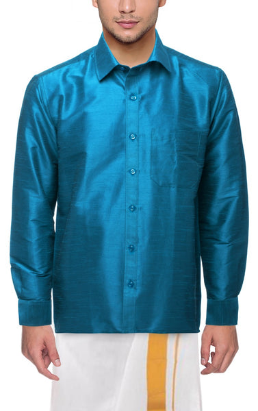 Traditional Raw Silk Shirt for men - full sleeve (Blue) - 90029A - Shirts & Tops Swadeshi Boutique
