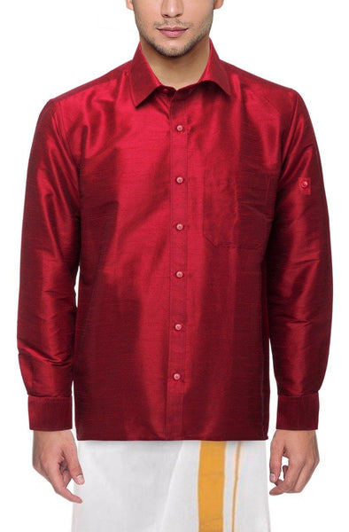 Traditional Raw Silk Shirt for men - full sleeve (Dark Pink) - 90021A - Shirts Swadeshi Boutique