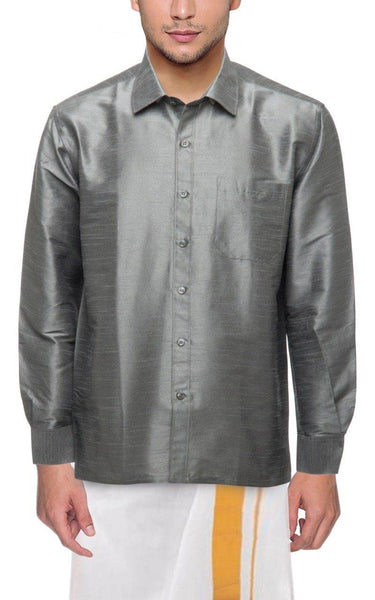 Traditional Raw Silk Shirt for men - full sleeve (Grey) - 90004A - Shirts Swadeshi Boutique