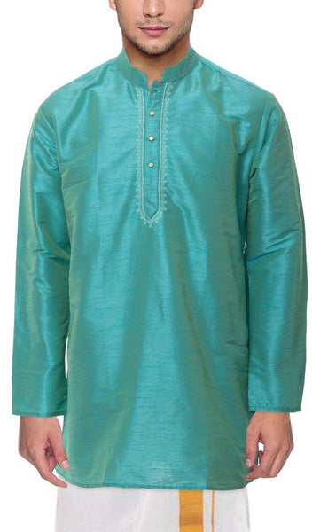 Traditional Raw Silk Kurta for men with beautiful embroidary (Aqua Blue) - 91001A - Kurta Swadeshi Boutique