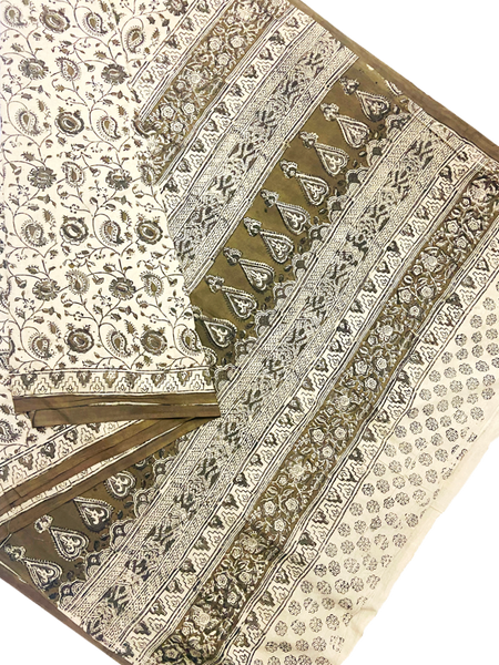 23270A - Kalamkari cotton Block print saree with Beautiful matching blouse & Pallu [Beige] * Clearance Sale *