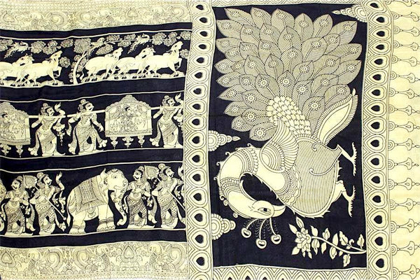 Kalamkari crepe silk saree pattern with Elephants&Pallaku -(Black)21374B *Special 40% Off* - Sarees Swadeshi Boutique
