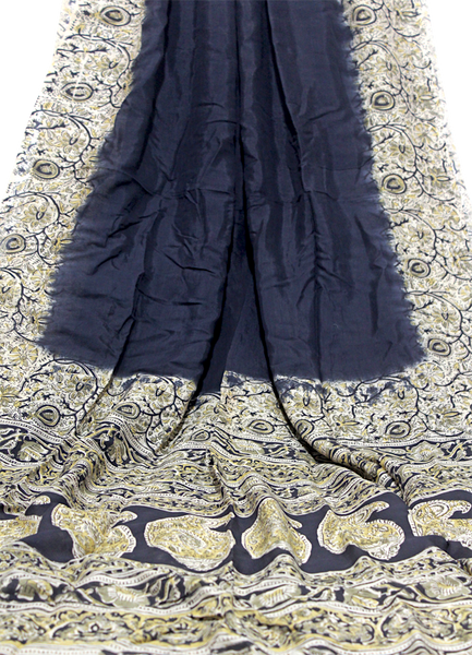 Kalamkari crepe silk saree with Florals in border & Pallu in natural dye -(Black)21378A - Sarees Swadeshi Boutique