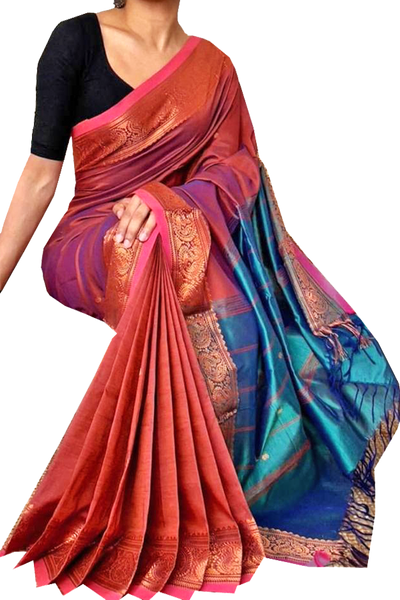 74032B - Soft cotton weaving saree with dual tone and Zari border (Orange) * Clearance Sale *