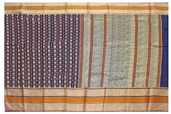 Chettinad handloom cotton saree with 1000 buta all over body -Navy Blue (30827A) - Sarees Swadeshi Boutique