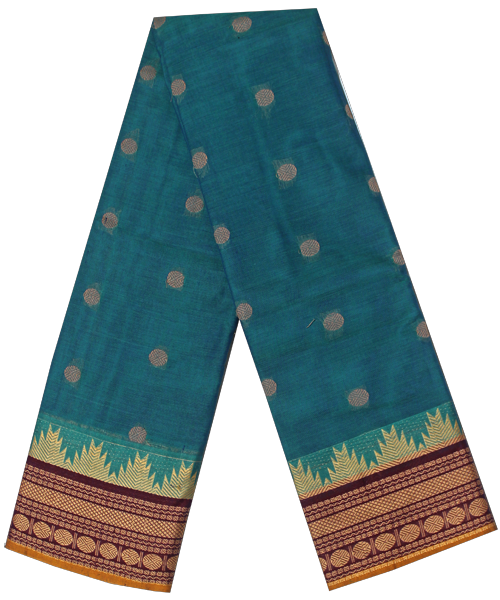 Chettinad handloom cotton saree with buta and grand pallu - Blue (30834A) - Sarees Swadeshi Boutique