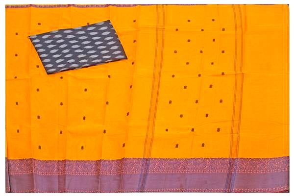 Chettinad handloom cotton saree with buta and a matching ikat blouse - Yellow (30847A) - Sarees Swadeshi Boutique