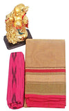 Chettinad handloom cotton saree with checked pattern and a matching ikat blouse - Tan (30858A) - Sarees Swadeshi Boutique