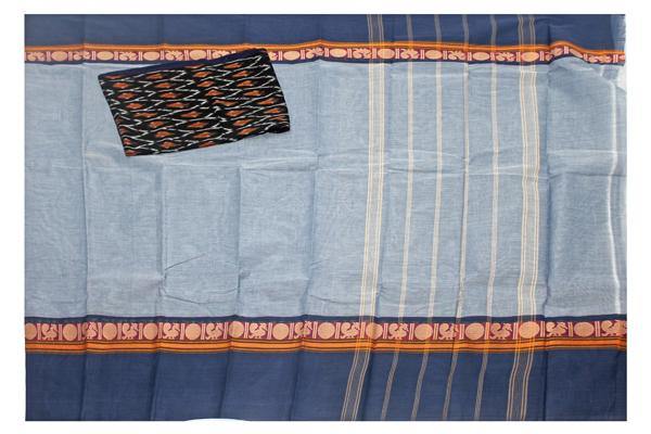 Chettinad handloom cotton saree with checked pattern and a matching ikat blouse - Stone (30868A) - Sarees Swadeshi Boutique