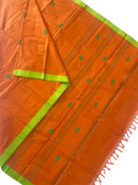 Chettinad handloom cotton saree with Buta all over body - Orange Red (30873J)