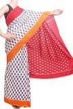 Batik cotton (soft) saree with a beautiful attached blouse material (White & Grey)- 34354A, Sarees - Swadeshi Boutique