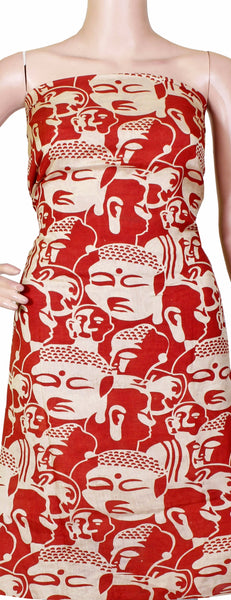Kalamkari Crepe Silk Salwar Tops/Kurti material with Bhuddha faces - Red (36017A)*Clearance sale * - Tops Swadeshi Boutique