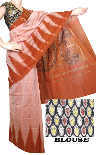 Ikat handloom cotton Saree with a temple border with a Kalamkari blouse - 37008C * Sale 30% Off * - Sarees Swadeshi Boutique