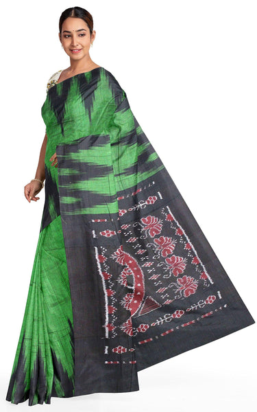 IKAT Handloom Cotton Saree with a temple border & a matching Kalamkari blouse [green] - 37040A *Sale Rs.200 Off* - Sarees Swadeshi Boutique