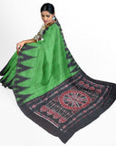 IKAT Handloom Cotton Saree with a temple border & a matching Kalamkari blouse [green] - 37040A *Sale Rs.200 Off* - Sarees Swadeshi Boutique