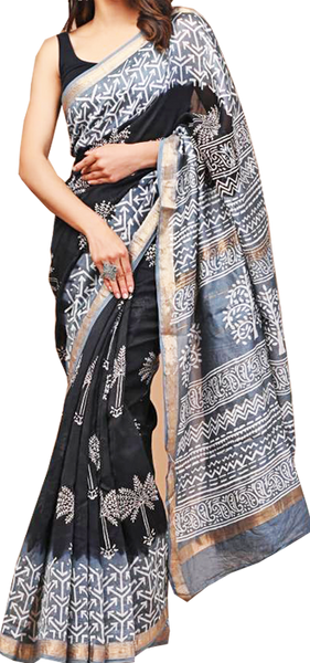 41515A - Maheswari Silk Saree with hand block pattern and Zari Border - Sarees Swadeshi Boutique