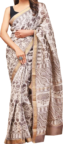 41526A - Maheswari Silk Saree with hand block pattern and Zari Border