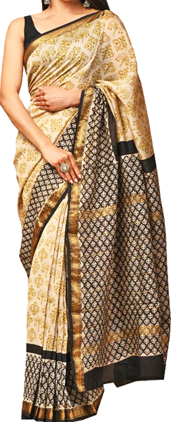 41528A - Maheswari Silk Saree with hand block pattern and Zari Border