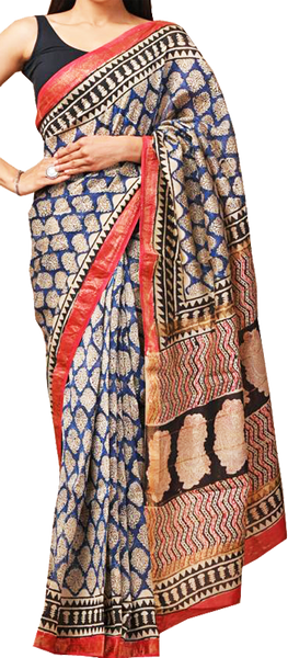 41529A - Maheswari Silk Saree with hand block pattern and Zari Border