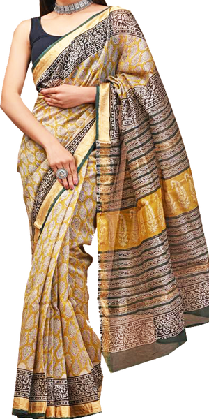 41531A - Maheswari Silk Saree with hand block pattern and Zari Border