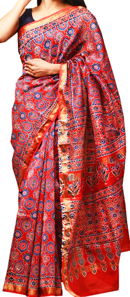 41532A - Maheswari Silk Saree with hand block pattern and Zari Border