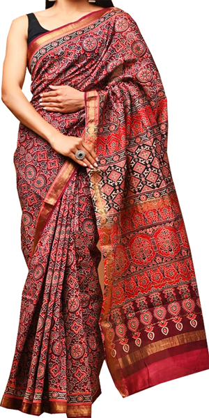 41535A - Maheswari Silk Saree with hand block pattern and Zari Border