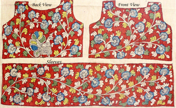 Pen Kalamkari Blouse material Hand Painted Florals and Peacock (Red)(45012A) (front/back/sleeves) - Blouse Swadeshi Boutique