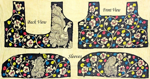 Hand Painted Pen Kalamkari Blouse material with Florals and Peacock (Black)(45023A) (front/back/sleeves) - Blouse Swadeshi Boutique