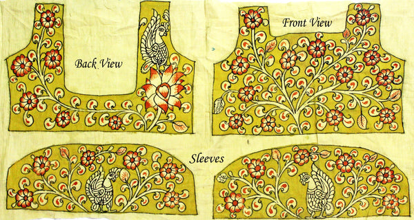 Pen Kalamkari Blouse material Hand Painted Florals and Peacock (Yellow)(45028A) (front/back/sleeves) - Blouse Swadeshi Boutique