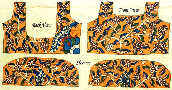 Pen Kalamkari Blouse material Hand Painted Florals and Peacock cotton (Yellow)(45034A) (front/back/sleeves) - Blouse Swadeshi Boutique