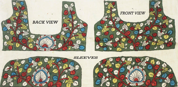 Pen Kalamkari Blouse material hand painted Florals and Peacock (Green)(45042A) (front/back/sleeves) - Blouse Swadeshi Boutique