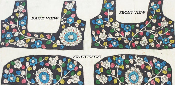 Pen Kalamkari Blouse material hand painted Florals and Peacock (Black)(45049A) (front/back/sleeves) - Blouse Swadeshi Boutique